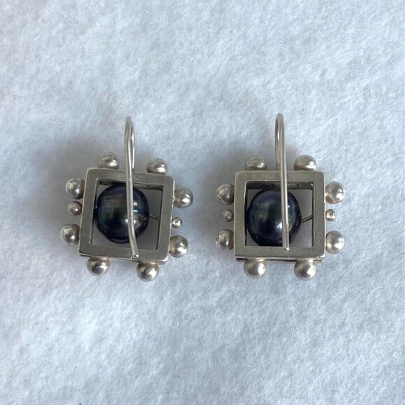 Sterling Silver 925 Modernist Style Square Freshwater Pearl Dangle Earrings - Picture 9 of 16